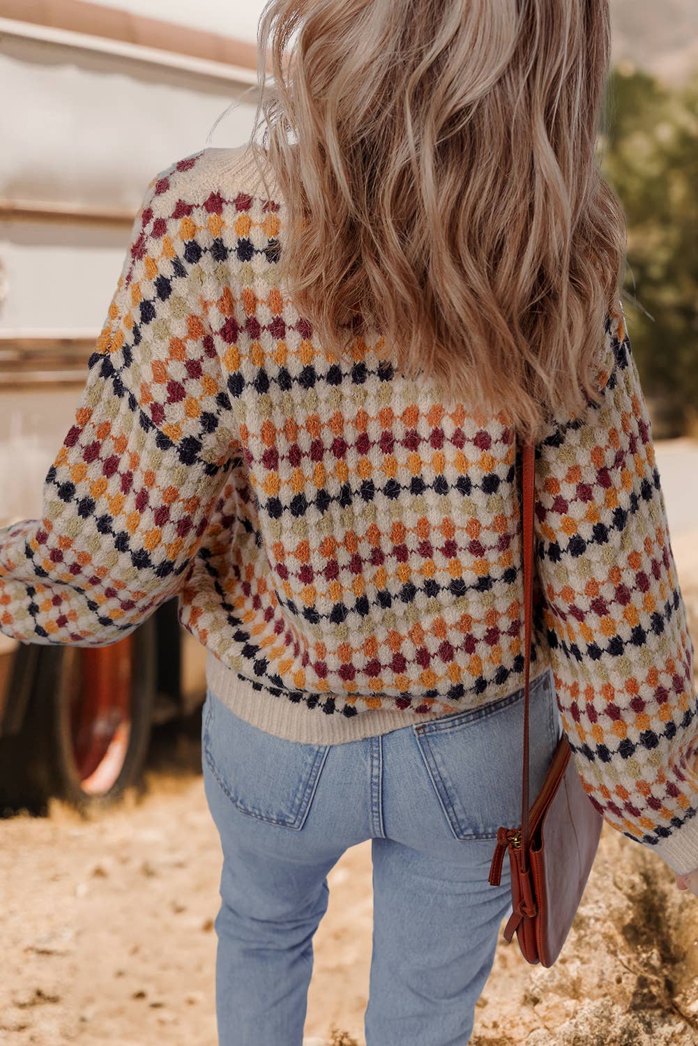 Dotty Striped Pattern Knit Drop Shoulder Sweater