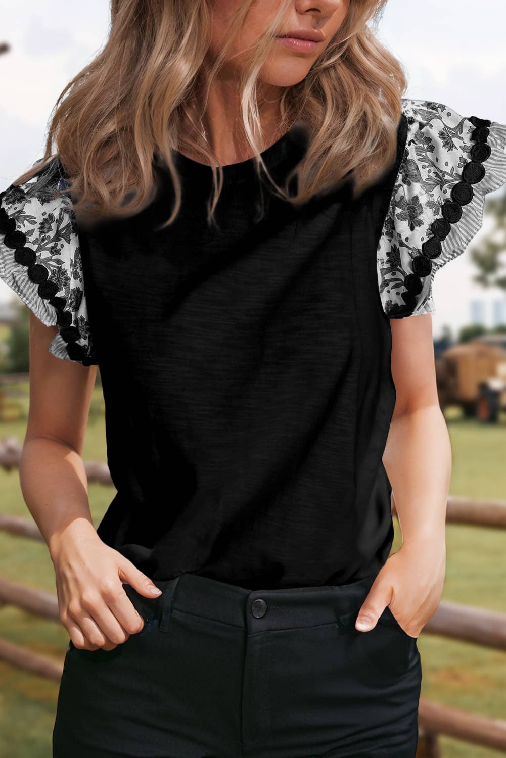 Ricrac Trim Printed Flutter Sleeve Contrast Patchwork Blouse