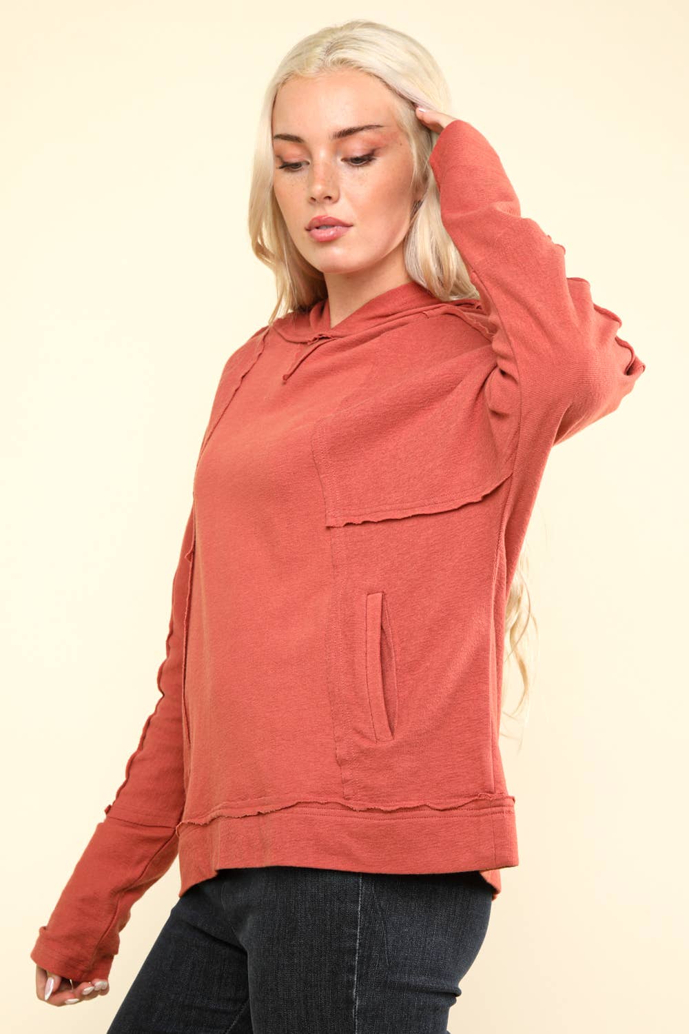 Raw Edge Cute Detail Hoodie Knit Top