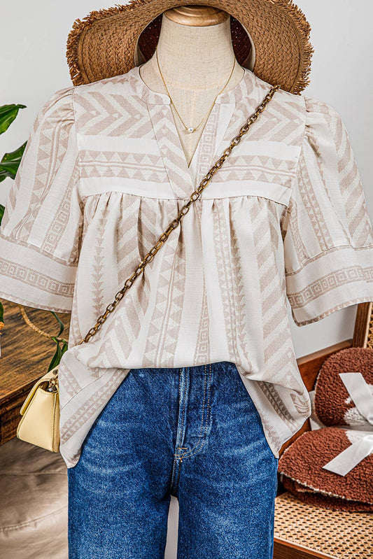 Fashion-W Geometric Jacquard Split Short Sleeve Blouse