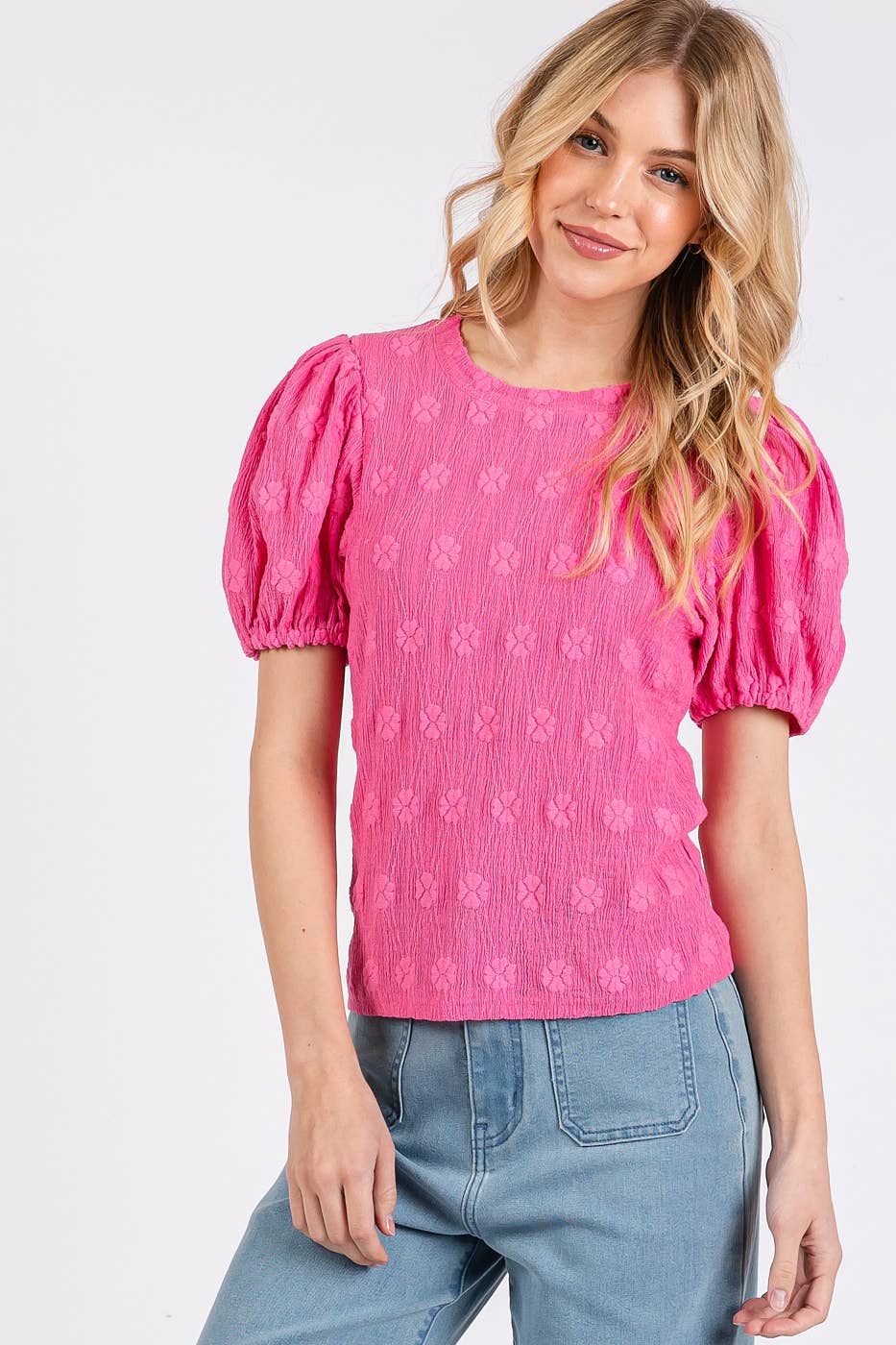 FLOWER STAMP PATTERN PUFF SLEEVE TEXTURE KNIT TOP