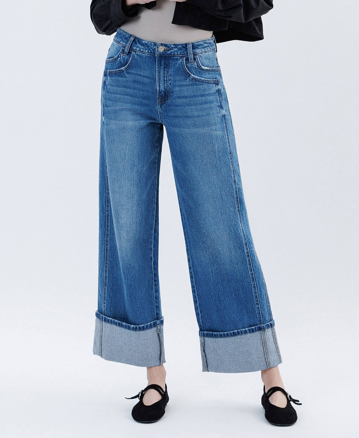 SUPER HIGH RISE CUFFED BAGGY WIDE JEANS