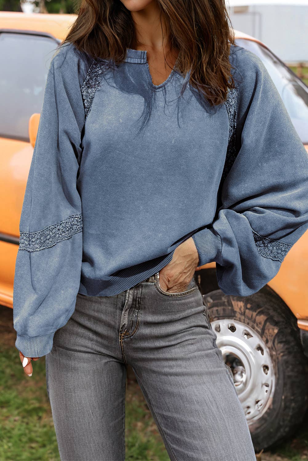 Lace Patched Detail Notch Neck Mineral Wash Baggy Sweatshirt