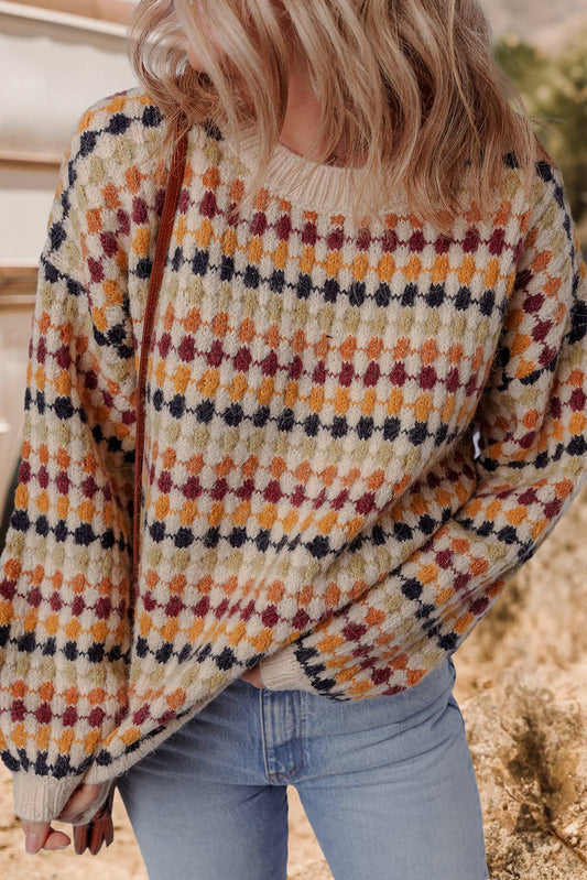 Dotty Striped Pattern Knit Drop Shoulder Sweater