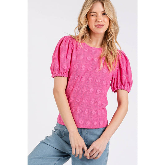 FLOWER STAMP PATTERN PUFF SLEEVE TEXTURE KNIT TOP