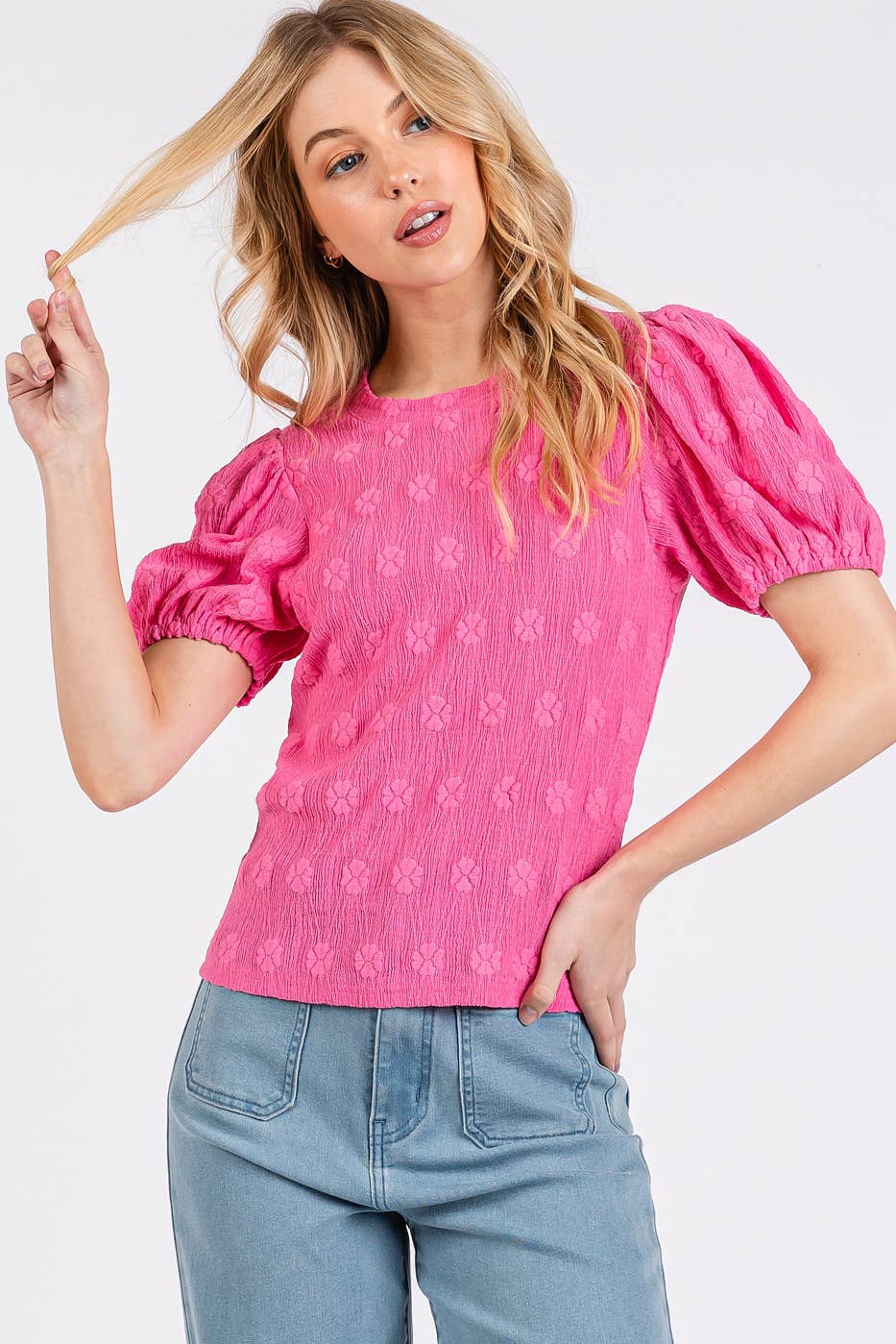 FLOWER STAMP PATTERN PUFF SLEEVE TEXTURE KNIT TOP