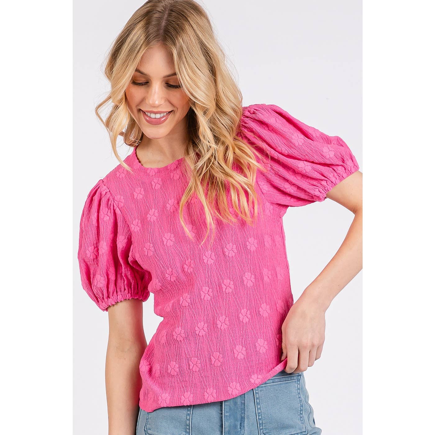 FLOWER STAMP PATTERN PUFF SLEEVE TEXTURE KNIT TOP