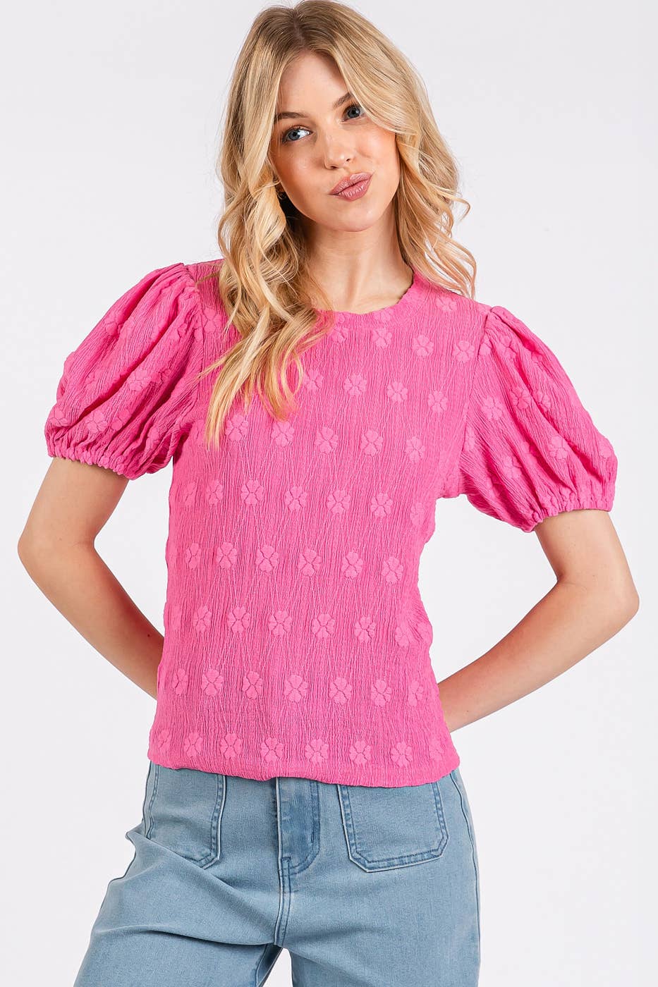 FLOWER STAMP PATTERN PUFF SLEEVE TEXTURE KNIT TOP