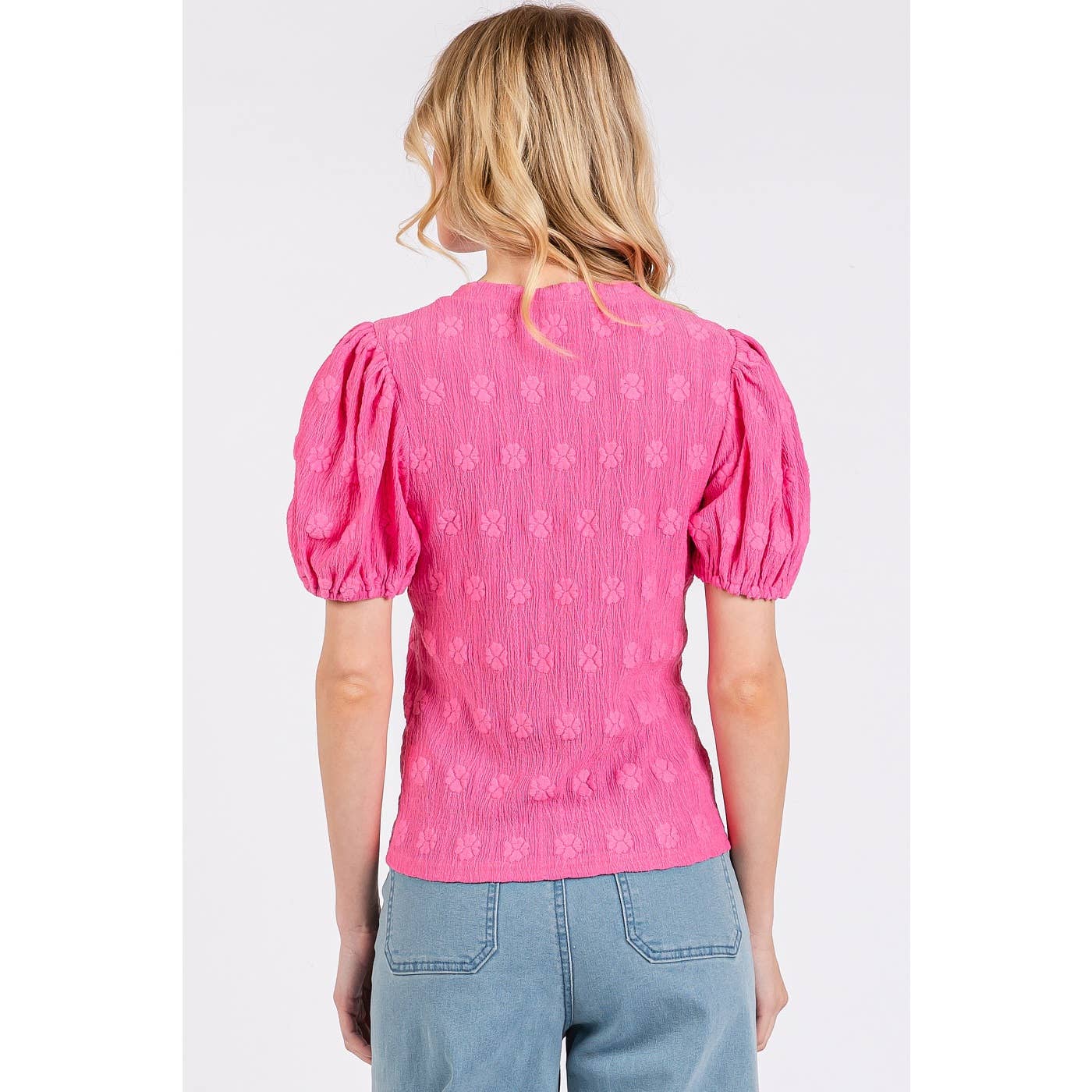 FLOWER STAMP PATTERN PUFF SLEEVE TEXTURE KNIT TOP