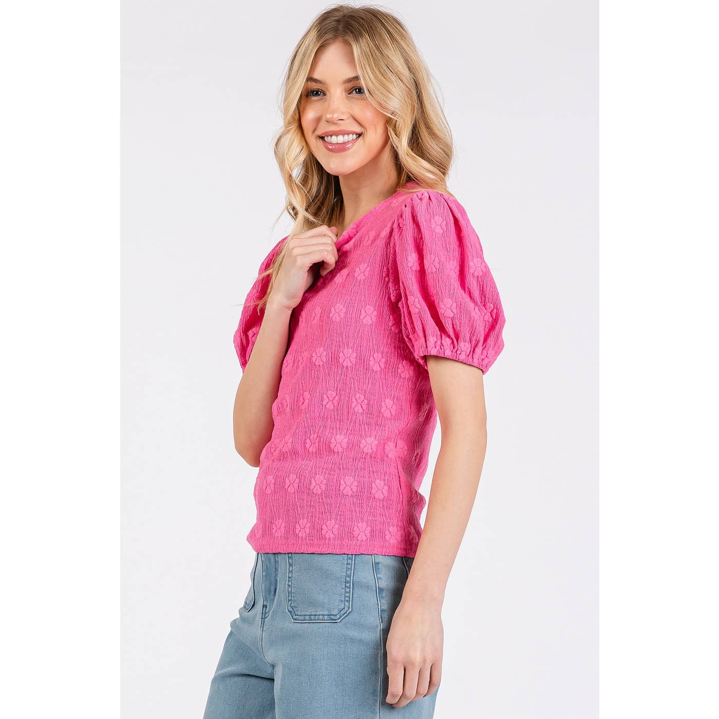 FLOWER STAMP PATTERN PUFF SLEEVE TEXTURE KNIT TOP