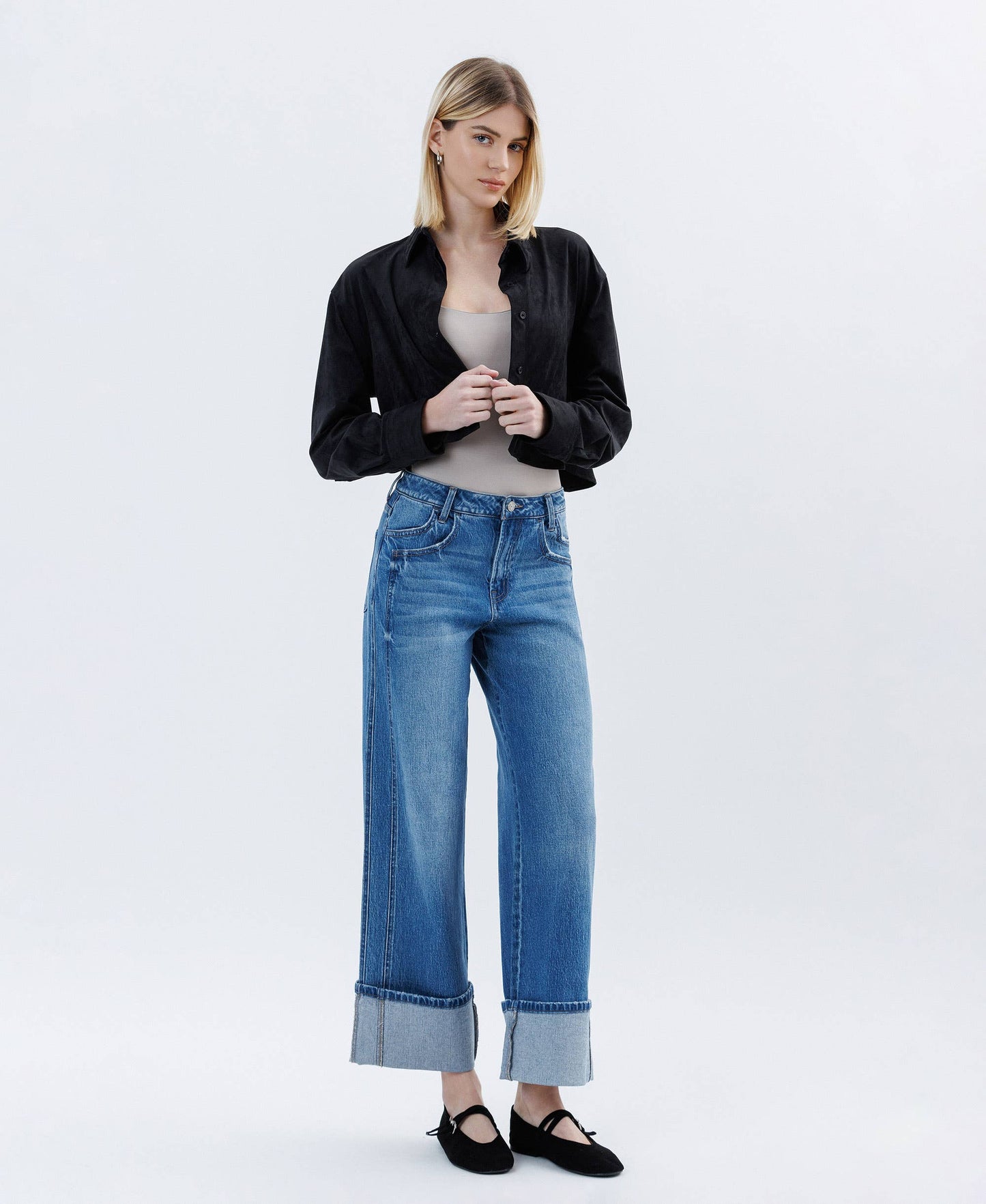 SUPER HIGH RISE CUFFED BAGGY WIDE JEANS