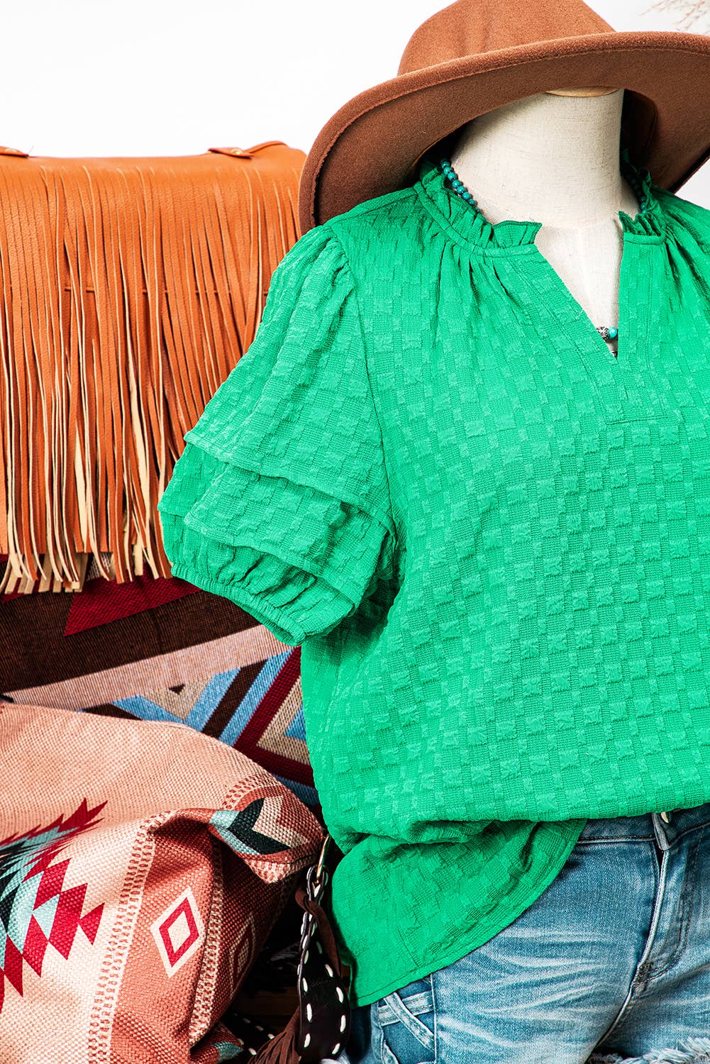 Textured Puff Short Sleeve Notched V Neck Top