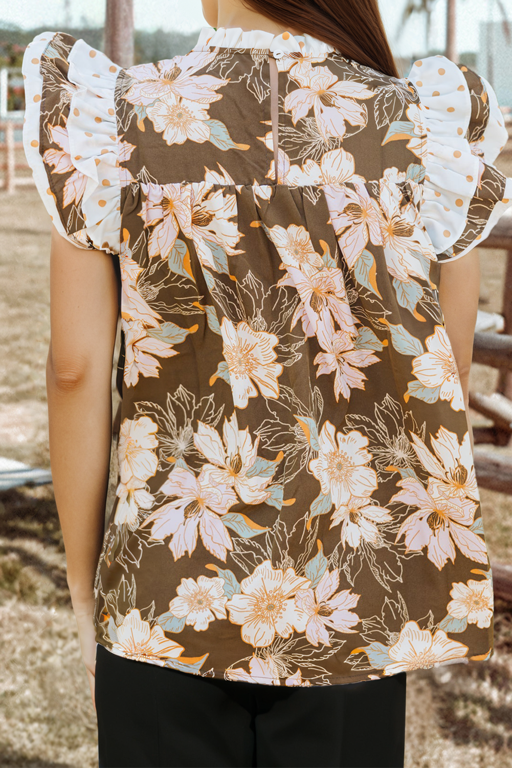 Fashion-W Floral Contrast Ruffle Trim Short Sleeve Blouse