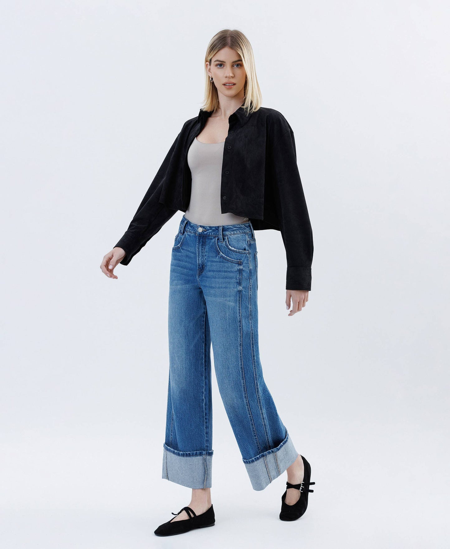 SUPER HIGH RISE CUFFED BAGGY WIDE JEANS