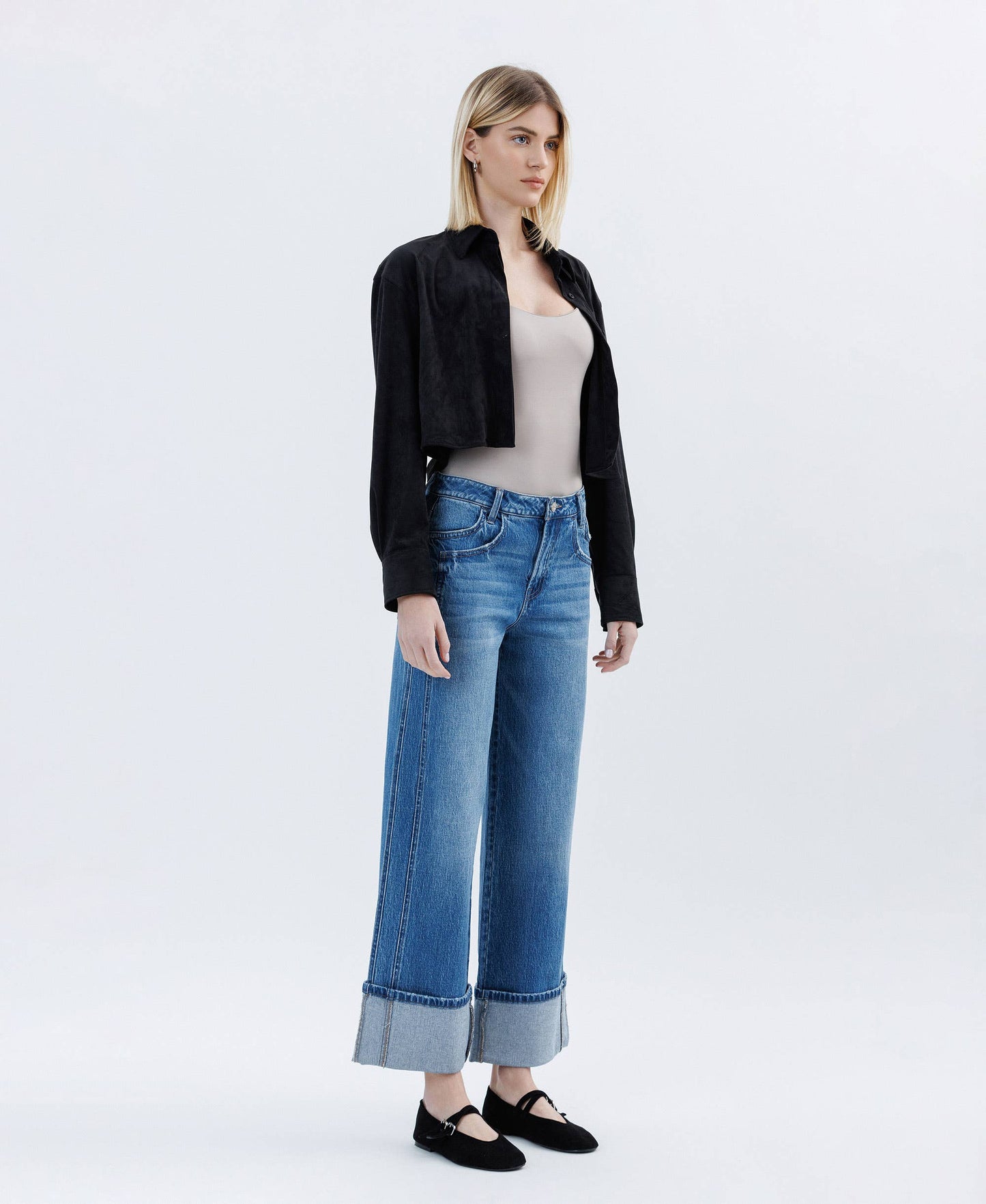 SUPER HIGH RISE CUFFED BAGGY WIDE JEANS