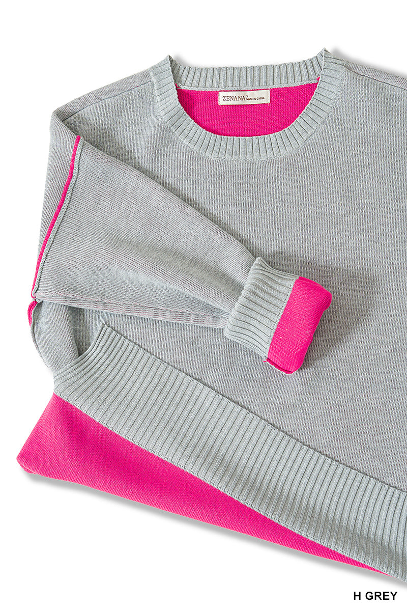 ROUND NECK CONTRAST TRIM SWEATER