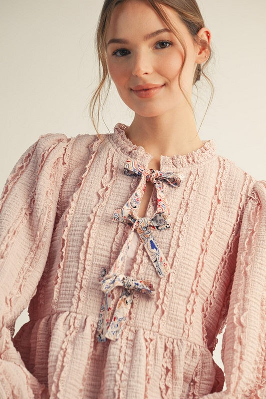 Front Bow Tie Lace Detail Peplem Top
