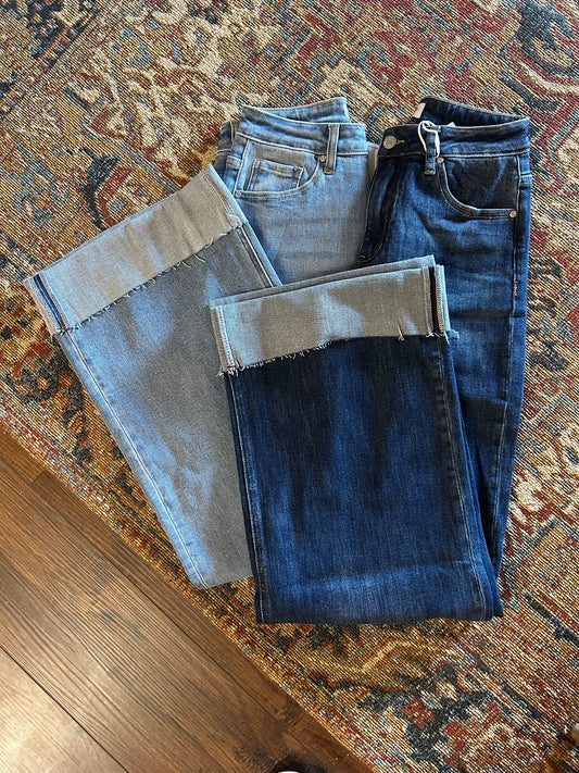 Stretch Cuffed Hem High Rise Straight Jeans