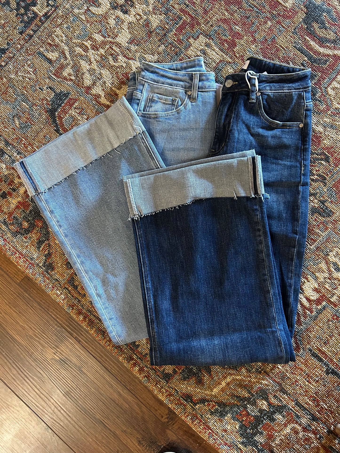 Stretch Cuffed Hem High Rise Straight Jeans