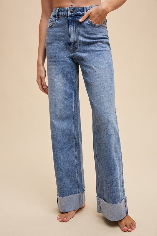Stretch Cuffed Hem High Rise Straight Jeans
