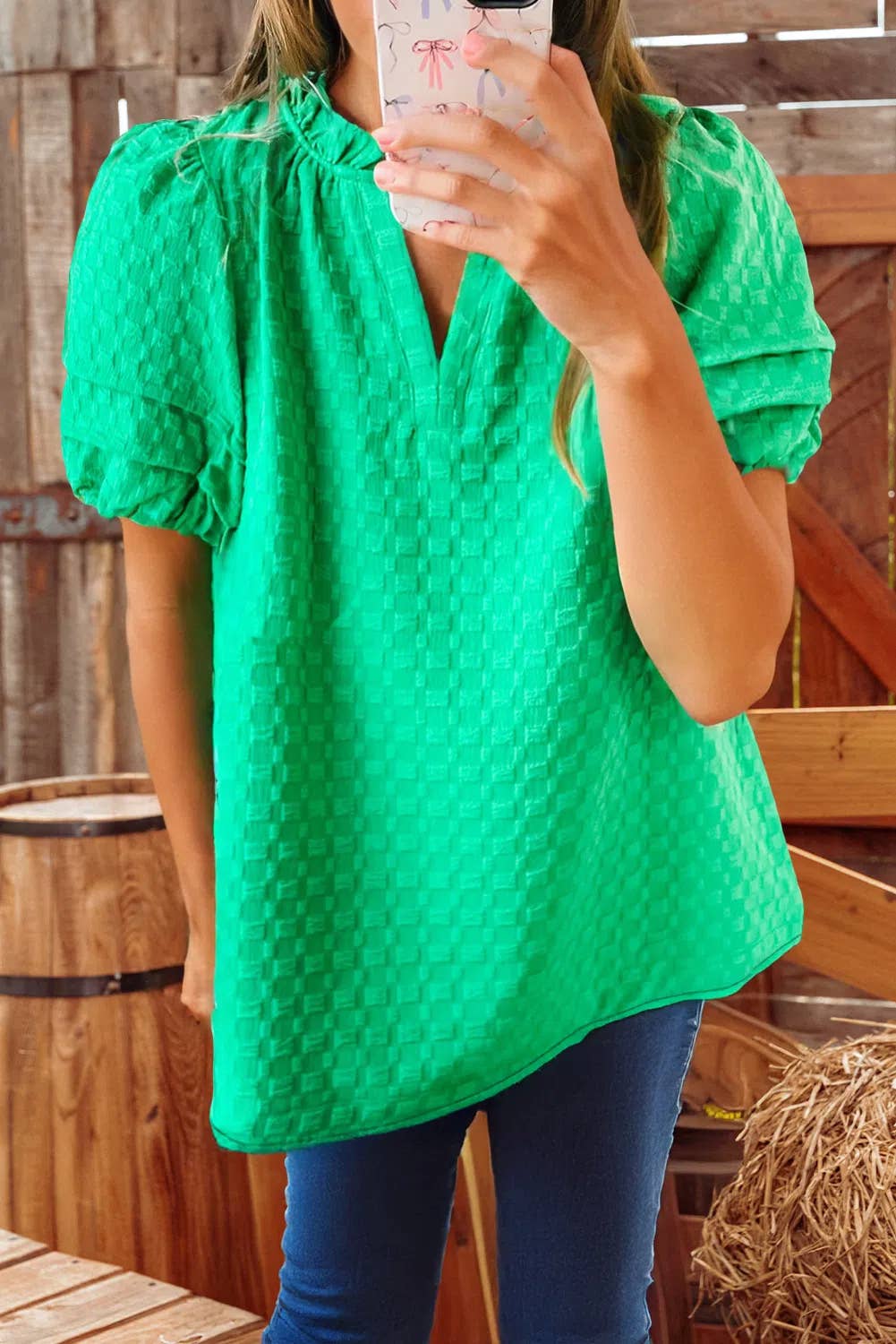 Textured Puff Short Sleeve Notched V Neck Top