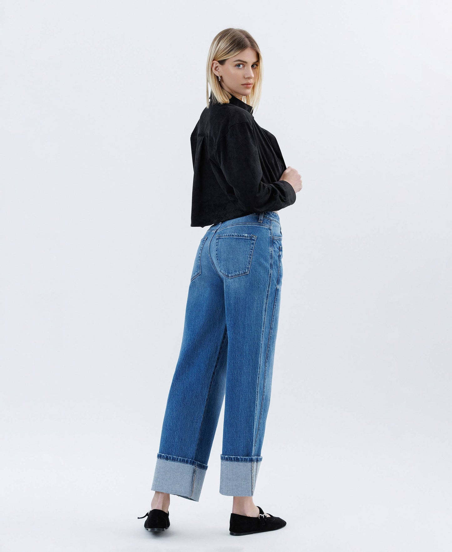 SUPER HIGH RISE CUFFED BAGGY WIDE JEANS