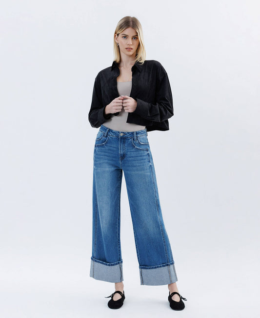 SUPER HIGH RISE CUFFED BAGGY WIDE JEANS