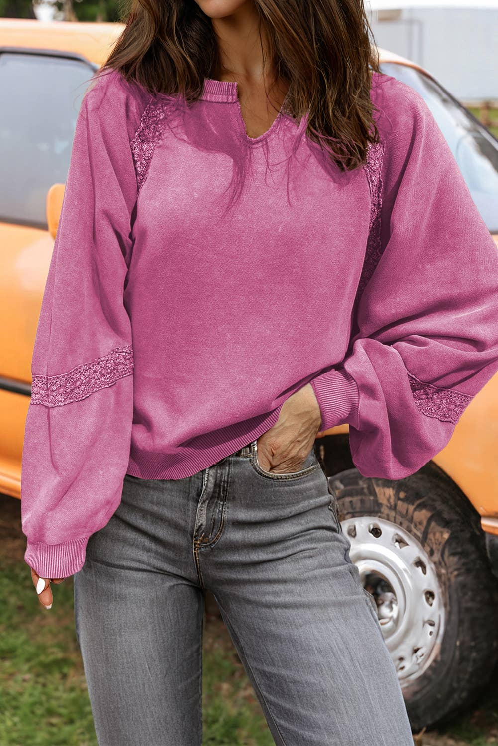 Lace Patched Detail Notch Neck Mineral Wash Baggy Sweatshirt