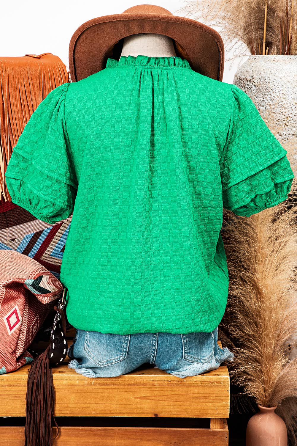 Textured Puff Short Sleeve Notched V Neck Top