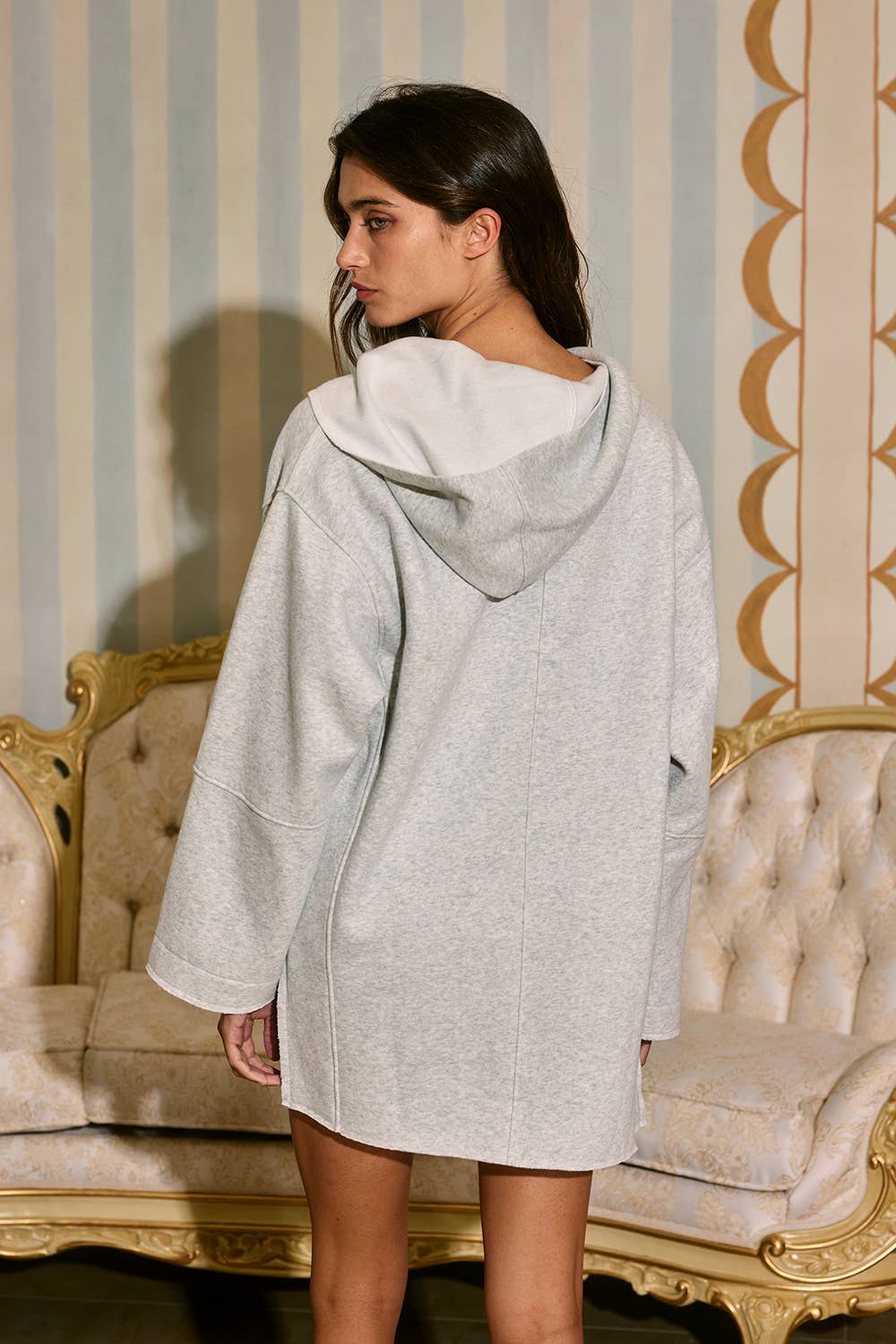 Side Slits Solid Terry Cozy Pullover Hoodie