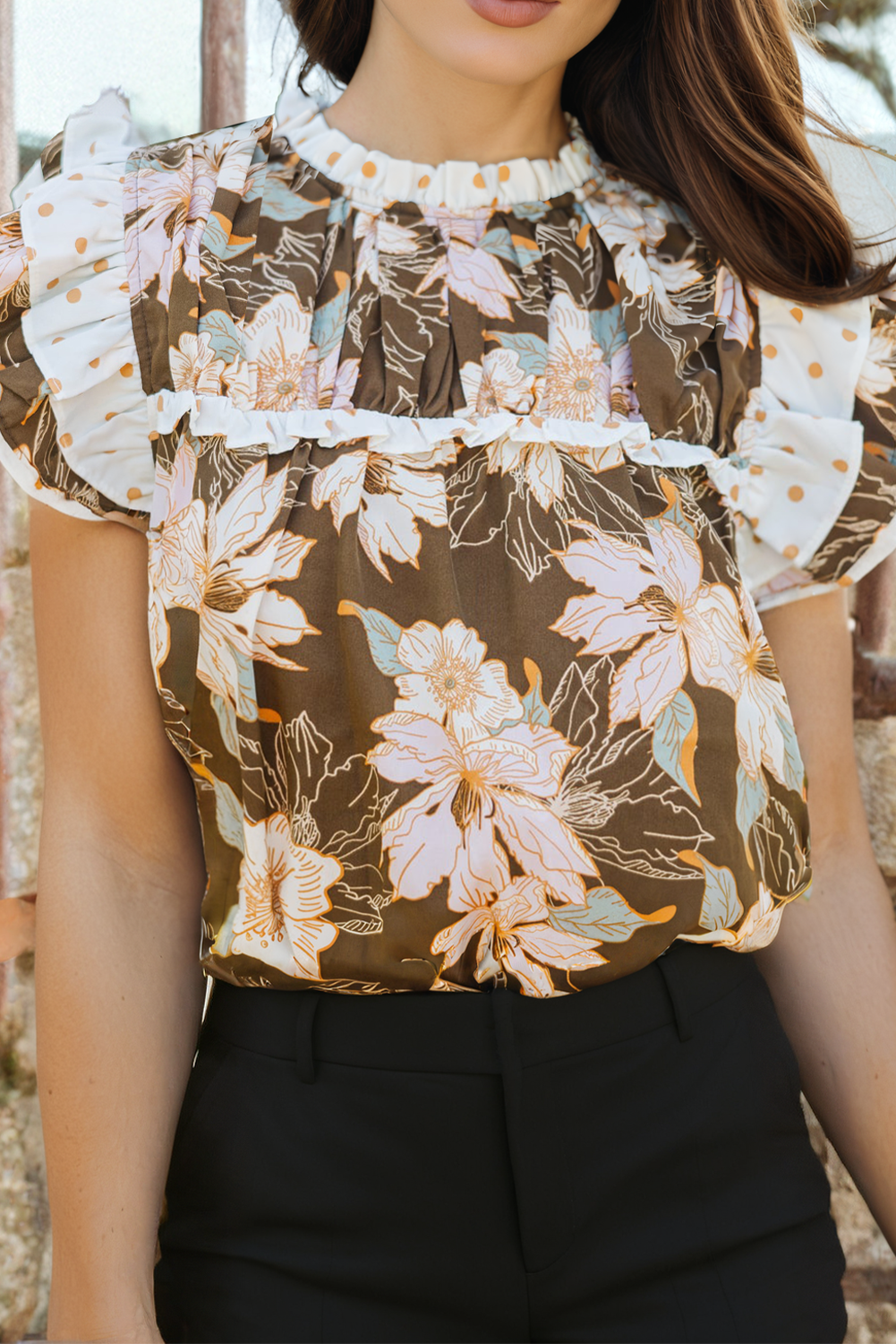 Fashion-W Floral Contrast Ruffle Trim Short Sleeve Blouse